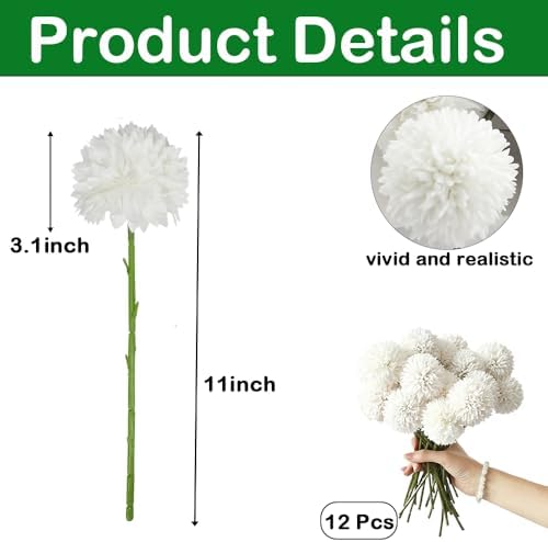 Tinsow 12PCS Artificial Ball Chrysanthemum Faux Flowers Bouquet White - Image 3