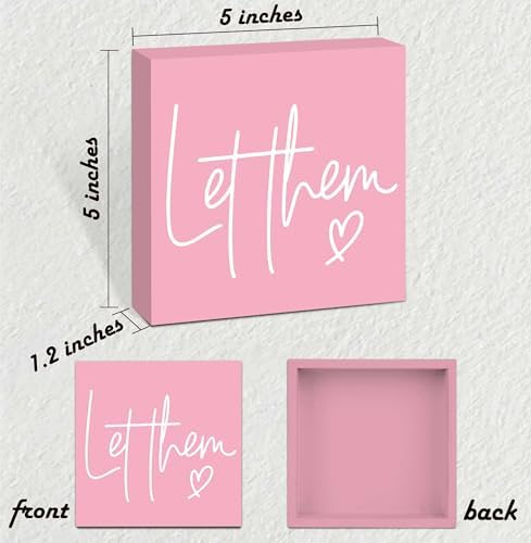 Let Them Wooden Sign, Pink Office Decorations for Work, Let Them Mental Health Rustic Wood Box Signs 5x5 Inch, Desk Shelf Tabletop Decor for Home Cubicle Decor, Office Gifts for Coworkers Women, 20 - Image 2