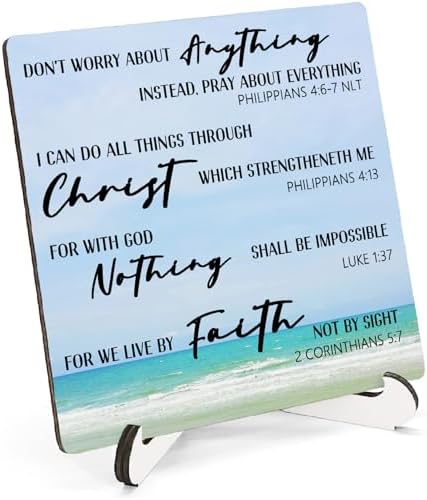 Beach Christian Bible Verse Wooden Sign Desk Decor, Christian Faith Based Gifts Wood Plaque Sign With Stand for Beach Lake House Home Office Desk Table Shelf Decoration, 5x5 Inch by HSIASHENG