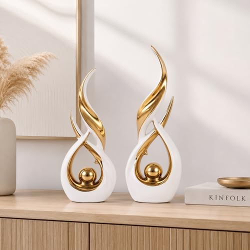 2 PCS White Gold Ceramic Statues For Home Decor Accents, Modern Abstract Art Sculptures, Elegant Tabletop Decorative Objects For Dining Room, Entryway, Tv Stand, Mantel, Coffee Table Centerpieces - Image 2