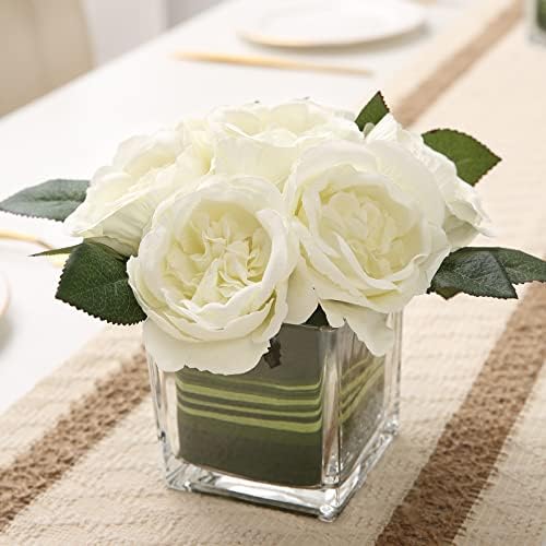 Artificial Peony Silk Flower Centerpieces Faux Floral Arrangement in Glass Vase for Home Wedding Table Decoration (Cream) by GreenHouzz