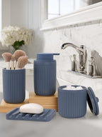 INGOFIN 4 Pcs Ceramic Bathroom Accessory Set - Liquid Soap Dispenser, Toothbrush Holder,Contain Cotton Swab Jar & Soap Dish,Countertop Accessories for Home, Guest Bathroom, Office, Matte Blue - Image 3