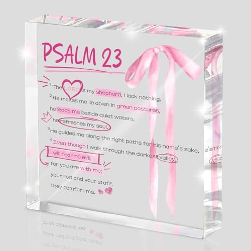Pink Bow Room Decor, Valentines Day Decor, Inspirational Bible Verse Quotes, Christian Psalm 23 Gifts for Women, Coquette Aesthetic Bow Dorm Decoration, Acrylic Office Desk Accessories Decoration by MUZRUYOU