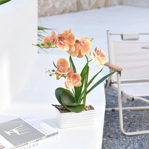 Artificial Real Touch Orchid Flowers with White Ceramic Vase, Orange - Image 7