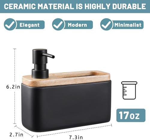 RQYIXI 2-in-1 Ceramic Soap Dispenser with Sponge Holder,Black,17 Oz - Image 7
