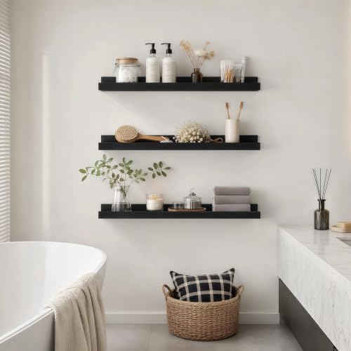 24inch Long Floating Shelves for Wall Decor, 3-Set Shelves with Lip, Black - Image 2