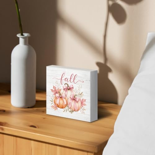 Fall Pink Bow White Orange Pumpkin Wood Box Sign Desk Decor 5X5 - Image 3