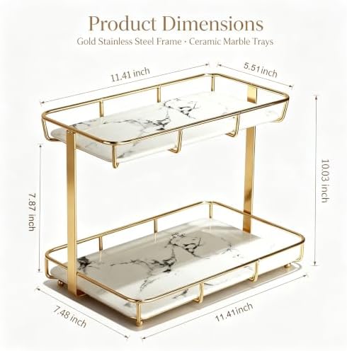 Bathroom Organizer Countertop Perfume Organizer Makeup Organizer Cosmetics Storage Display Rack Vanity Tray Dresser Stainless Steel Gold Shelf White Marble Ceramic Tray - Image 5