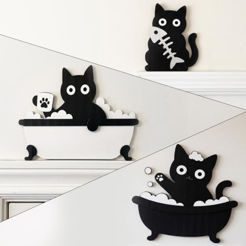 Lucky Merit Black Cat Halloween Bathroom Decor, 3 Pcs Wooden Cat Wall Art by Unknown