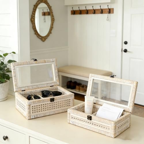Set of 2 Rattan and Cane Stacking Boxes ,12" and 14", White Wash - Image 3