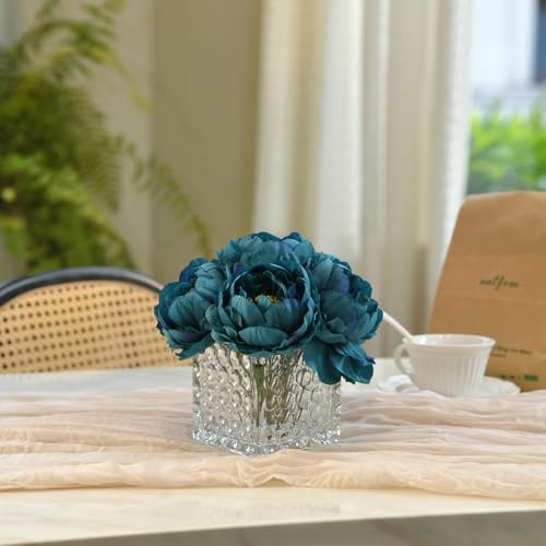Artificial Peony Silk Flower Centerpieces with LED Light Faux Floral Arrangement in Glass Vase for Home Wedding Table Decoration (Peacock Blue) - Image 6