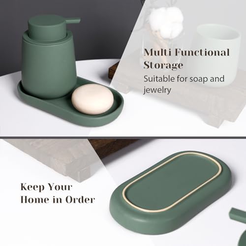 INGOFIN 3 Pcs Ceramic Bathroom Accessory Set - Liquid Soap Dispenser, Toothbrush Holder & Tray, Bathroom Counter Set, Countertop Essentials for Home, Guest Bathroom, or Office Use, Matte Green - Image 4