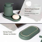 INGOFIN 3 Pcs Ceramic Bathroom Accessory Set - Liquid Soap Dispenser, Toothbrush Holder & Tray, Bathroom Counter Set, Countertop Essentials for Home, Guest Bathroom, or Office Use, Matte Green - Image 4