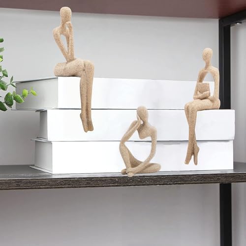 Small Reading Thinker Statues for Book Shelf Office, Sandstone,Set of 3 - Image 3