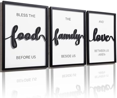 3D Wood Bless The Food Before Us Wall Decor, 36" x 16" Framed Kitchen Wall Art for Dining Room Wall Decor(Ready to Hang, 12x16 inches, Set of 3, Framed) by KIOSSUT