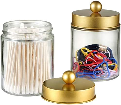 Amolliar Apothecary Jar Bathroom Storage Qtip Holder Glass, Gold 2Pack - Image 2