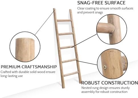 FUIN Blanket Ladder, 57in Rustic Solid Wood Decorative Ladder, Brown - Image 3