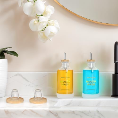 Mouthwash Dispenser for Bathroom 11.8oz – Glass Mouthwash Bottle with Cup & Bamboo Tray, Gold Hot-Stamped Lettering, Silicone Base, Modern Bathroom Accessory (Clear, 11.8oz, 2pack) - Image 4