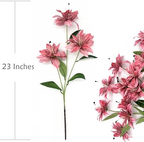 Artificial Lily Flowers, Vintage Silk Flower Long Stems Stargazer Lilies Full Bloom Lily Faux Plant Tiger Bouquets for Home Decor Indoor Hotel Wedding Party Fake Floral Arrangement - Coral Pink 4 Pack - Image 5