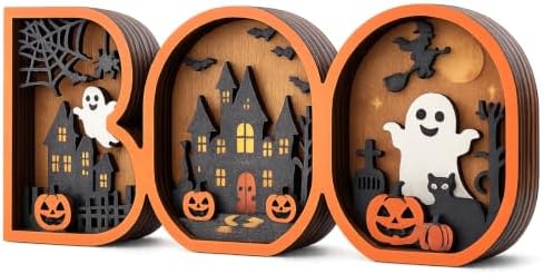 Vintage Halloween Decor 2026, 3D Wooden Cute BOO Sign, Rustic Halloween Tabletop Decor, Spooky Shelf Mantel Decoration for Home (BOO Decor) by VQRZG