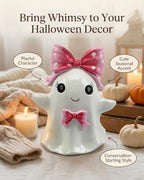 Cute Halloween Ghost Figurine with Pink Bow Tabletop Decor (Pink Ghost) - Image 4