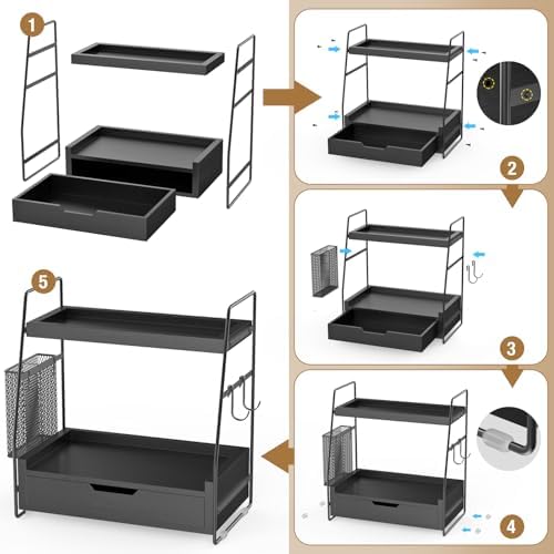 2-Tier Bathroom Counter Organizer with Drawer, Wood Counter Storage Shelf - Image 5