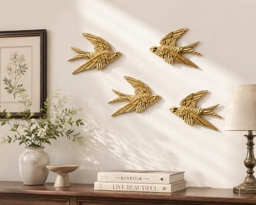 AMOIENSIS 4.75 Inch Gold Swallow Bird Wall Sculpture Set of 4 - Image 2
