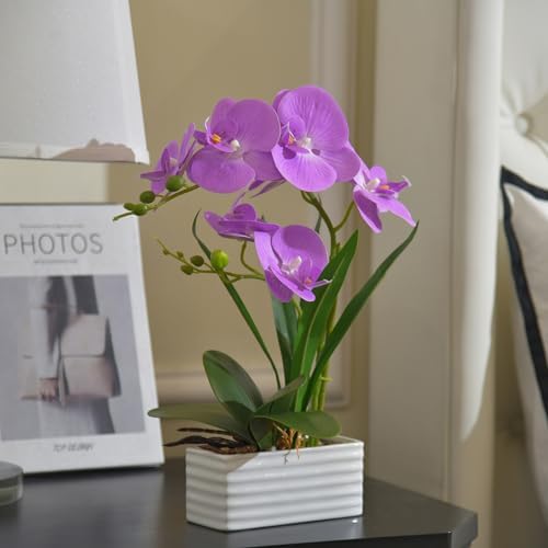 Artificial Real Touch Orchid Flowers with White Ceramic Vase, Purple - Image 7