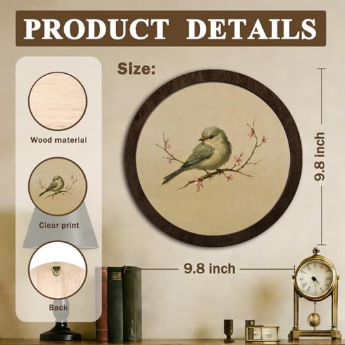 CFFJLHN Vintage Bird Wall Art Decor, Bird Pictures Wall Decor, Botanical Cherry Blossom Cottagecore Floral Round Framed Art Decor for Home Bedroom Living Room Bathroom, 10x10 Inch - Image 7