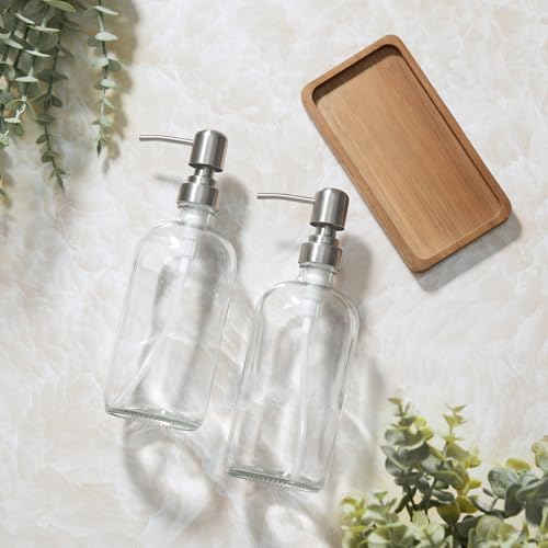 Clear Glass Soap Dispenser Set with Acacia Wood Tray, Refillable Hand Soap Pump Bottle for Kitchen, Bathroom Countertop, Modern Farmhouse Soap Dispenser Set - Image 3