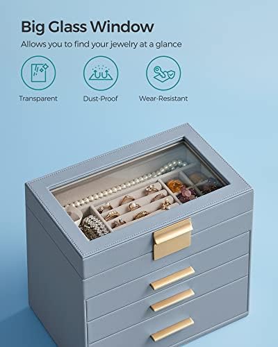 SONGMICS Jewelry Box Organizer, 4-Layer Storage with 3 Drawers, Glass Lid - Image 3