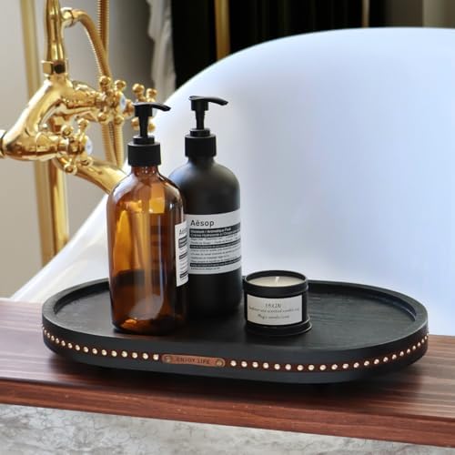Oval Wooden Decorative Tray Coffee Table Tray Home Decor 15" Black - Image 3
