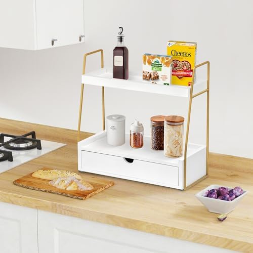 2-Tier Bathroom Countertop Organizer with Drawer, Wood Vanity Shelf White - Image 2