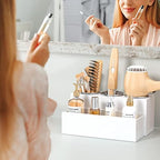 HIIMIEI Hair Tool Organizer, Acrylic Hair Dryer Holder, Bathroom Countertop Blow Dryer Stand Storage, Vanity Organizer for Accessories, Makeup, Flat Irons, Curling Irons, and Toiletries (White) - Image 7