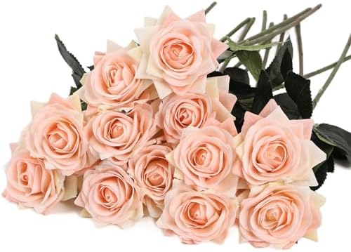 Kimura's Cabin 12pcs Real Touch Rose Artificial Flowers Long Stem,Champagne by WeddingPartyArrangementBouquetsDecorationArtificialFlowers