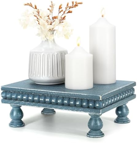 EOSAHR Wood Riser with Beaded: Pedestal Stand for Bathroom Decor, Blue by EOSAHR