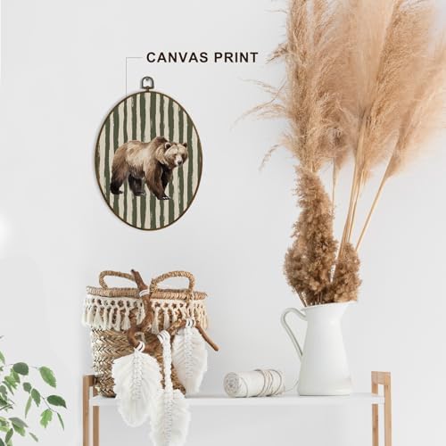 dvhdajed Vintage Brown Bear Oval Wall Art Decor, Sage Green Striped Baby Boy Room Framed Canvas Art, Farmhouse Rustic Bear Wall Hanging Decor for Boys Nursery, Farm Animal Decorations, 8.7x11.3 Inch - Image 3
