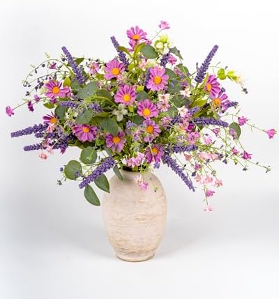 20" Artificial Flowers Bouquet for Vase Indoor, 6 stem Faux Silk Daisies Lavender Silver Dollar Eucalyptus Leaves Wildflower Floral Arrangement Home Decor for Living Room Dining Table Entryway - Image 2