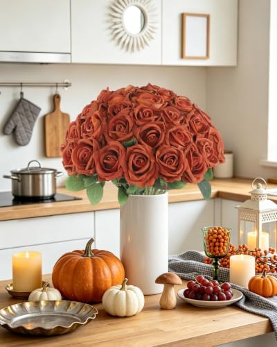 Coferset 50pcs Velvet Artificial Roses Flowers in Bulk,Burnt Orange - Image 4