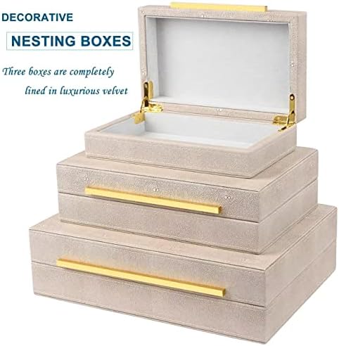 Ivory Shagreen Box Set Of 3 Faux Leather Decorative Boxes, Large Modern Nesting Storage Decorative Boxes with Lids for Home Decor Stacking jewelry Box Organizer - Image 4