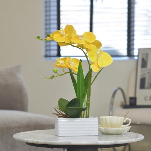 Artificial Real Touch Orchid Flowers with White Ceramic Vase, Yellow - Image 4