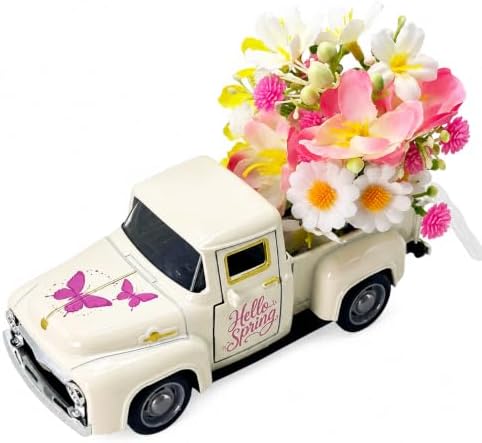 Vintage Metal Truck Decor with Artificial Flowers, Spring Floral Pickup Truck Decoration, Farmhouse Home Decor for Table Shelf Mantel Tiered Tray, Easter Mother's Day Spring Decorations Gift by YIPRONS