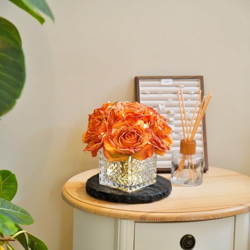Silk Roses in Glass Vase with LED, Low Centerpiece for Table, Orange - Image 3