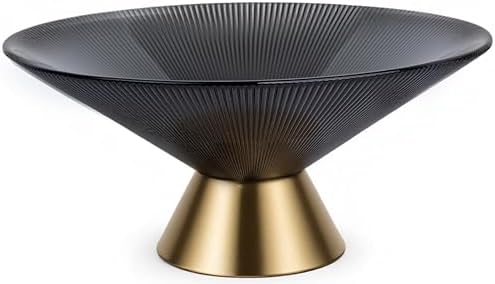 Tapered Glass Decorative Bowl (Gray), 9.8 Inches Handblown Striped Design Glass Bowl with Rust Resistant Metal Base,Decorative Fruit Bowl for Home Decor,Table Centerpiece,Kitchen Island,Dining Decor by Unknown