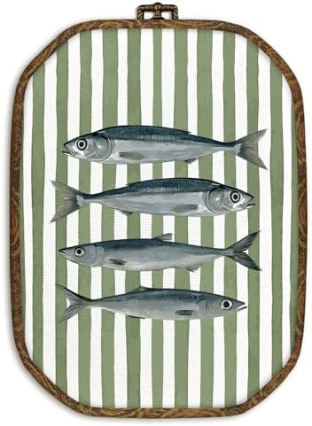 dvhdajed Vintage Sardine Fish Wall Art Decor, Coastal Fishes Framed Canvas Art, Retro Nautical Sardines Green Striped Octagon Wall Hanging Decor for Farmhouse Kitchen Dining Room, 10.2x7 Inch by dvhdajed