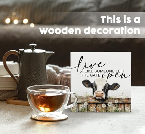 Cow Signs - Farm Cottagecore Animal Office Kitchen Bedroom Decor,Rustic Farmhouse Live like Someone Left the Gate Open Home Decor Wooden Signs,Cow Gifts for Women,6x6 - Image 2