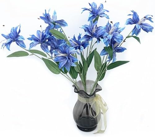 Artifical Lily Flowers Fake Stargazer Lilies Flower Bundles 4 Pack, Faux Silk Lily Floral Stems for Indoor Outdoor Home Garden Decor Office Party Wedding Arrangement Bouquets DIY Decoration - Blue - Image 6
