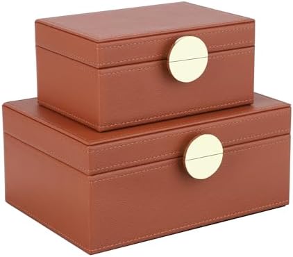 HofferRuffer Faux Leather Jewelry Boxes, Decorative Boxes Storage Accessory Organizer with Gold Hardware Decor, Classic Vegan Leather Set of 2 Pieces (Brown) by HofferRuffer