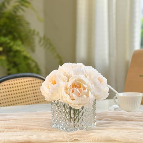 Artificial Peony Silk Flower Centerpieces with LED Light Faux Floral Arrangement in Glass Vase for Home Wedding Table Decoration (Cream White) - Image 6