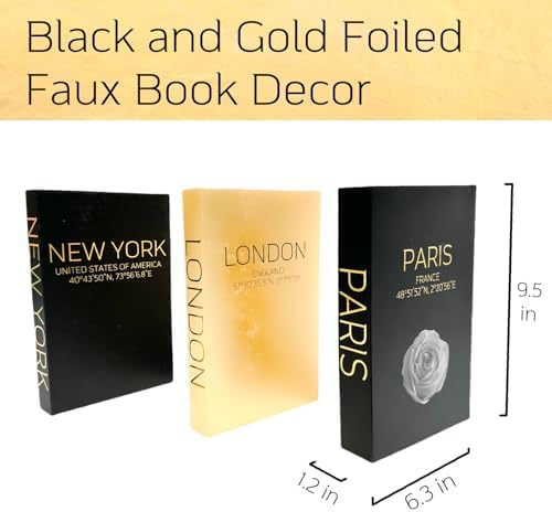 AZEZO Set of 3 Decorative Books for Home Decor – Decorative Hardcover Display Faux Books for Bookshelf and Coffee Table – Black and Gold Foiled – Paris London New York Themed - Image 2